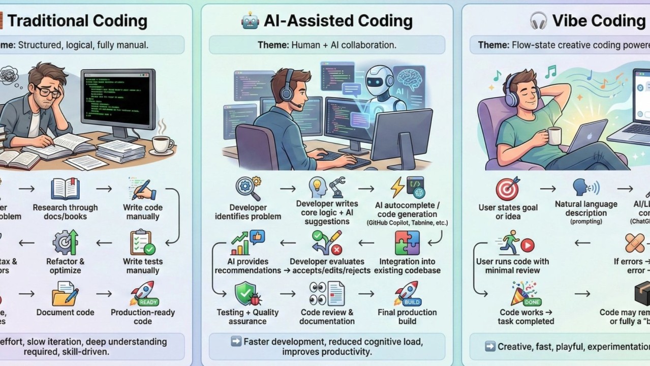 Traditional vs AI-Assisted vs Vibe Coding